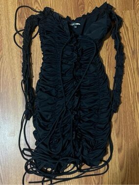 Fashion Nova Black Ruched Mini Dress with Adjustable Ties